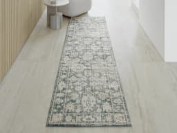 Warren Cobalt Runners carpet in blue and beige, shown in a lifestyle front view