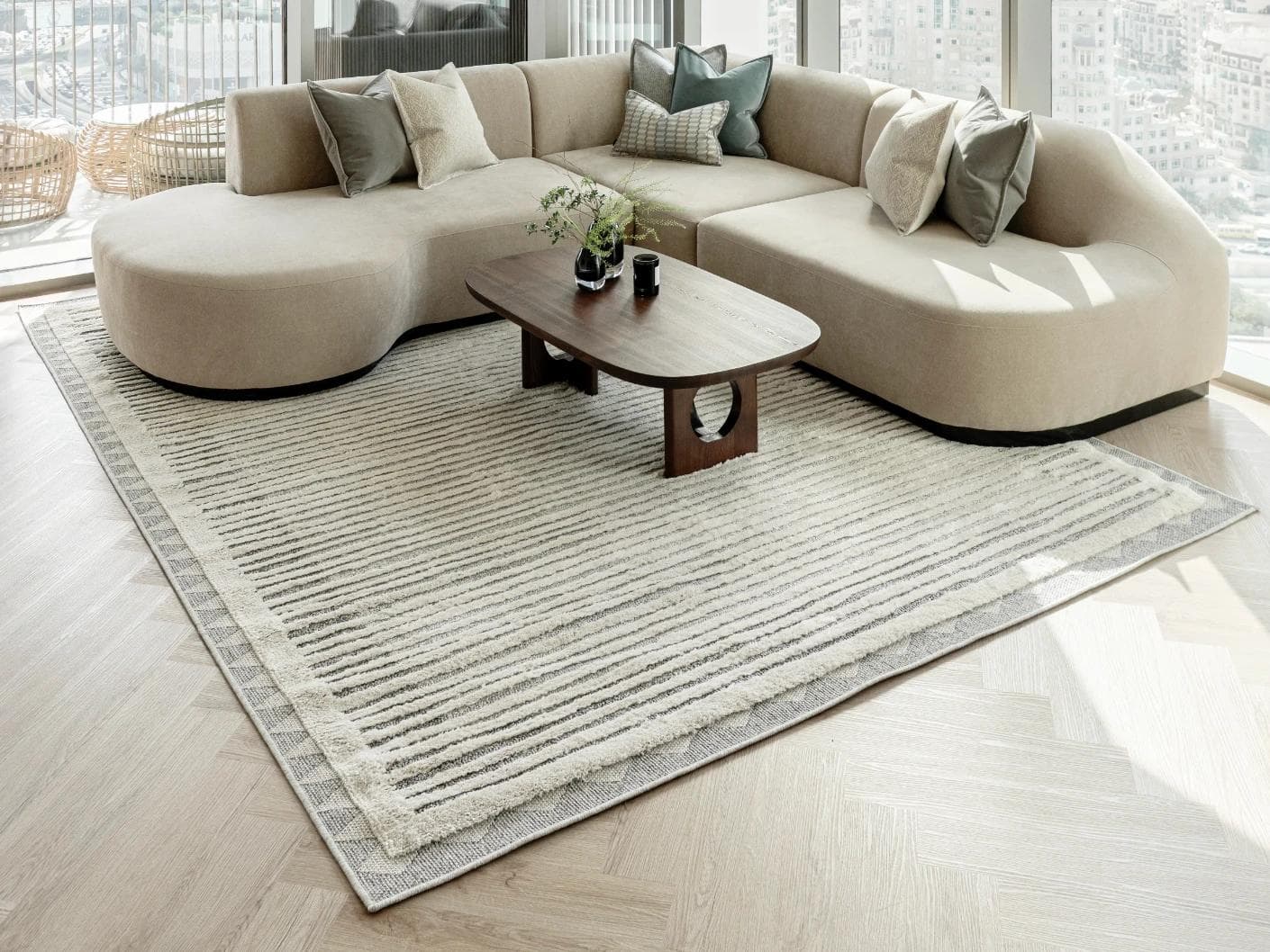 Zahra Alba carpet in ivory and grey, shown in a lifestyle right view as image 6