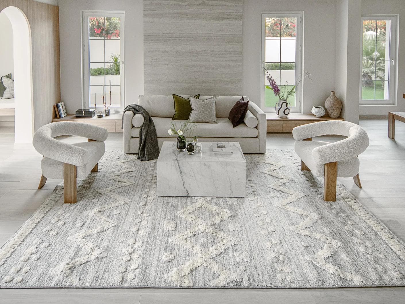Zahra Snow carpet in grey and off white, shown in a lifestyle front view as image 4