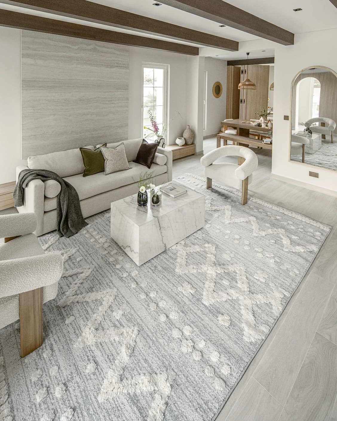 Zahra Snow carpet in grey and off white, shown in a lifestyle left view as image 6