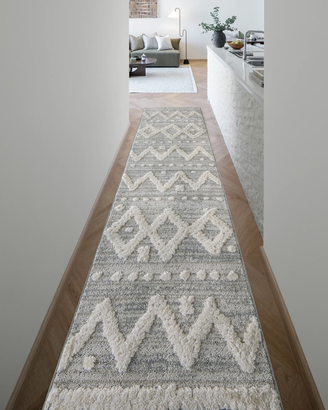 Zahra Snow Runners carpet in grey and off white, shown in a lifestyle front view as image 2