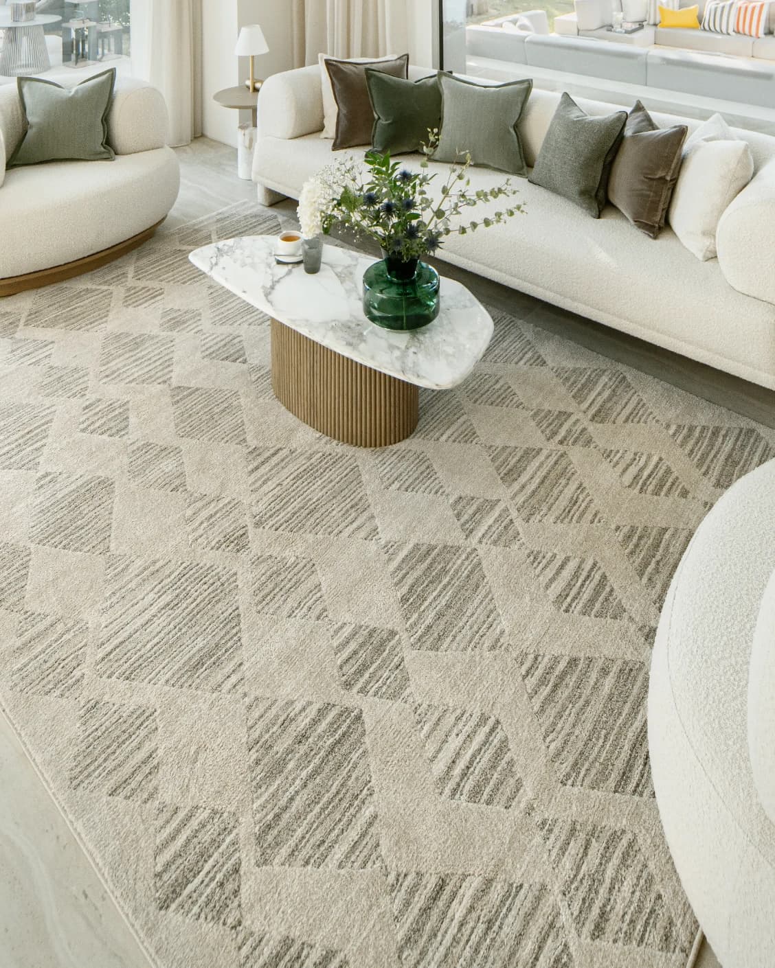 Zen Alba carpet in cream, beige and grey, shown in a lifestyle right view as image 6