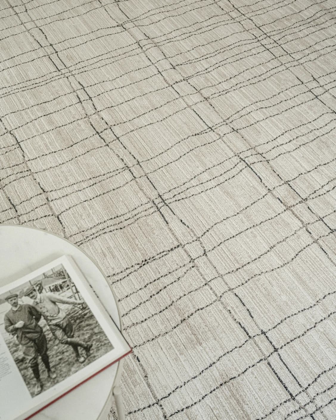 Zen Bianca carpet in charcoal and beige, shown in a lifestyle top view as image 13