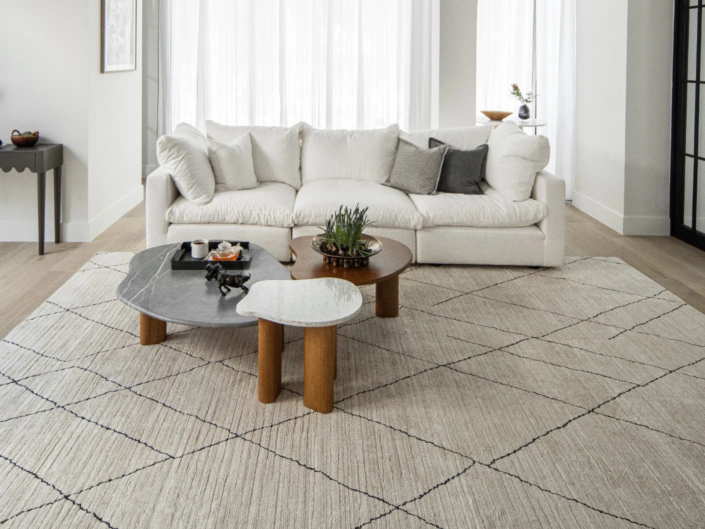 Zen Pearl carpets in charcoal and ivory, shown in a lifestyle close-up top view as image 1