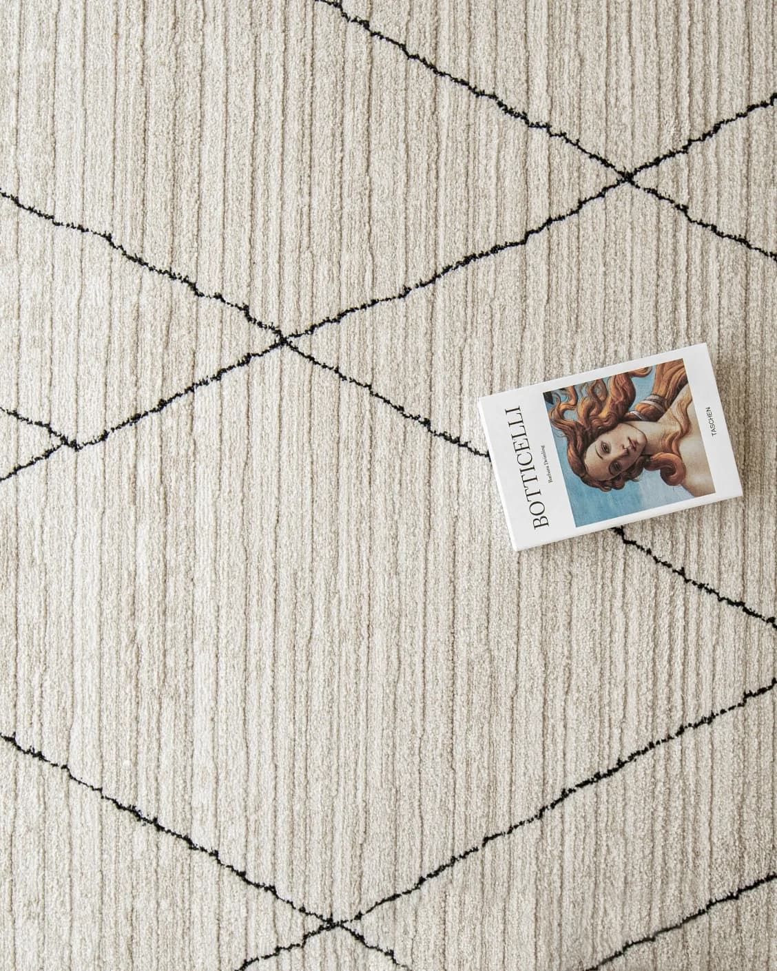 Zen Pearl carpet in charcoal and ivory, shown in a lifestyle top view as image 10