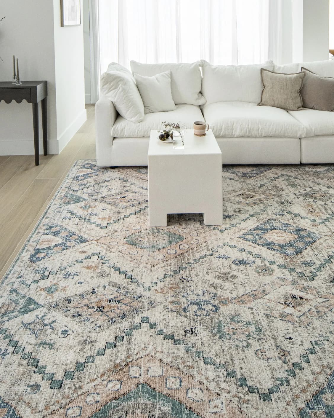 Zen Sandy carpet in beige and blue, shown in a lifestyle front view as image 5