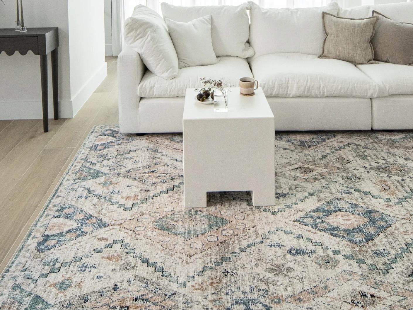 Zen Sandy carpet in beige and blue, shown in a lifestyle front view as image 5