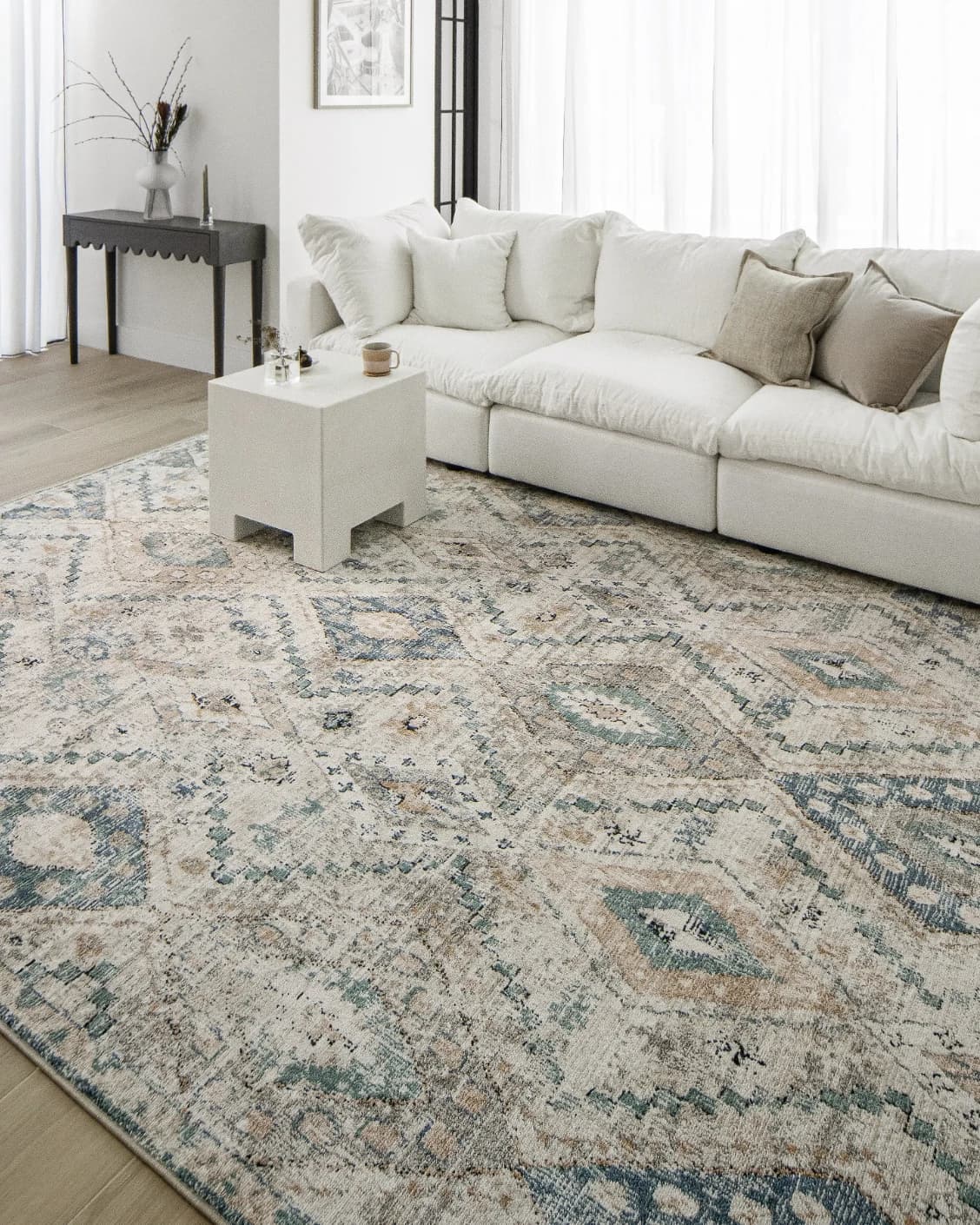 Zen Sandy carpet in beige and blue, shown in a lifestyle right view as image 11