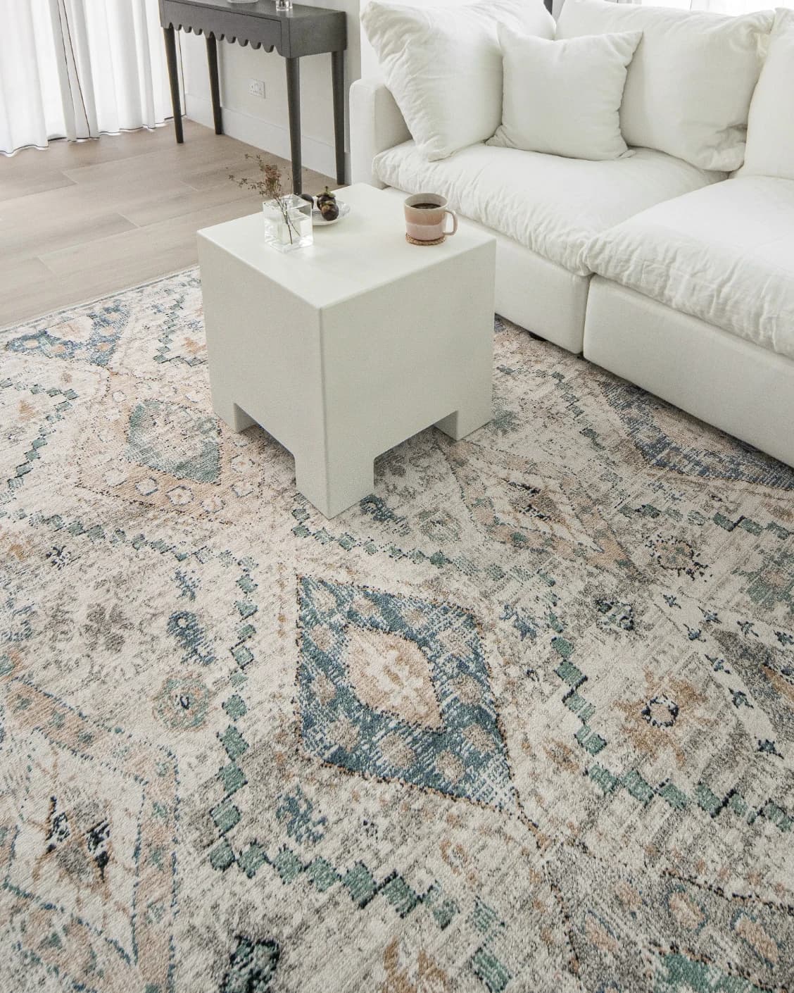 Zen Sandy carpet in beige and blue, shown in a lifestyle right view as image 12