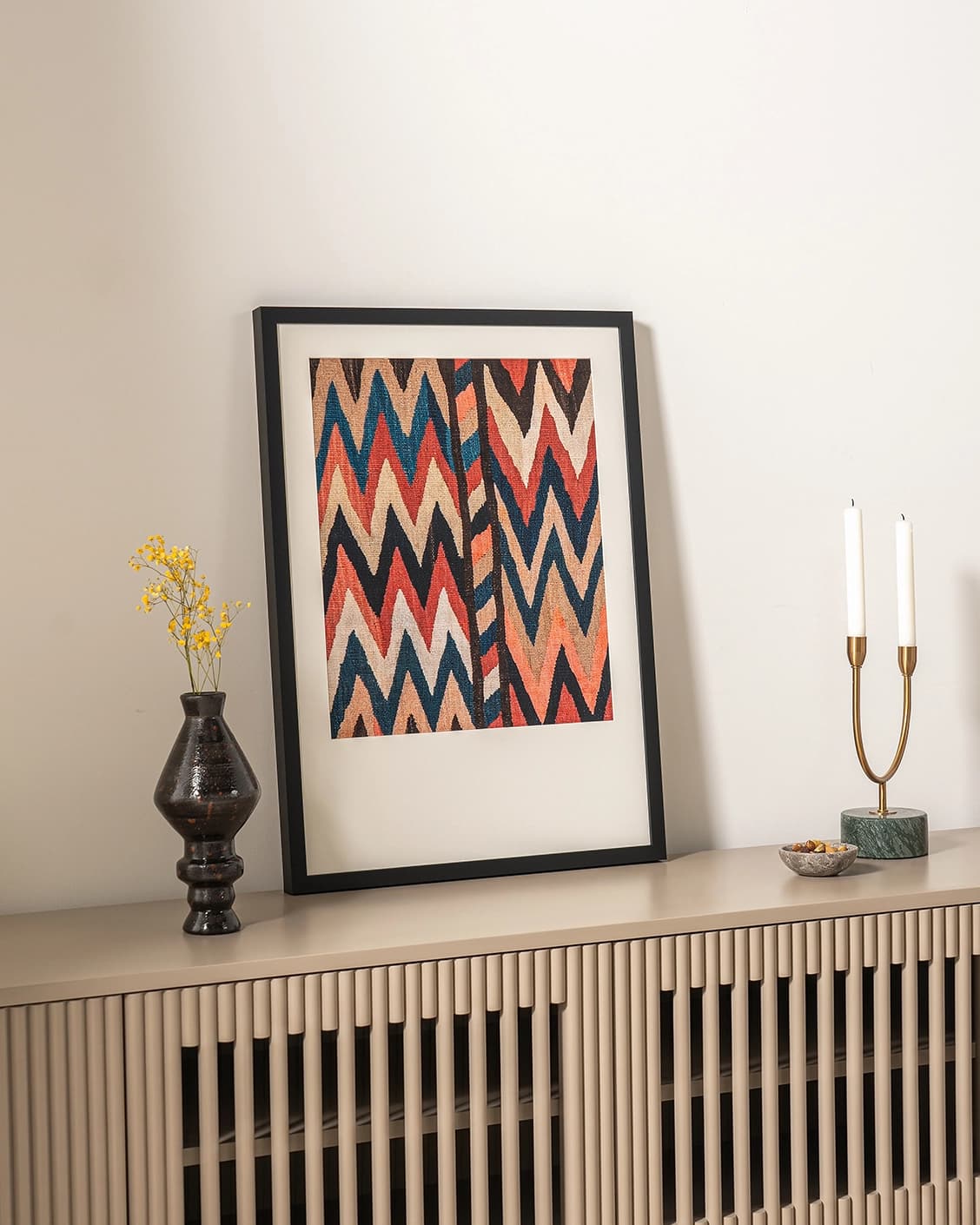 Zig & Zag fine art print in multicolour, shown in a lifestyle left view as image 3