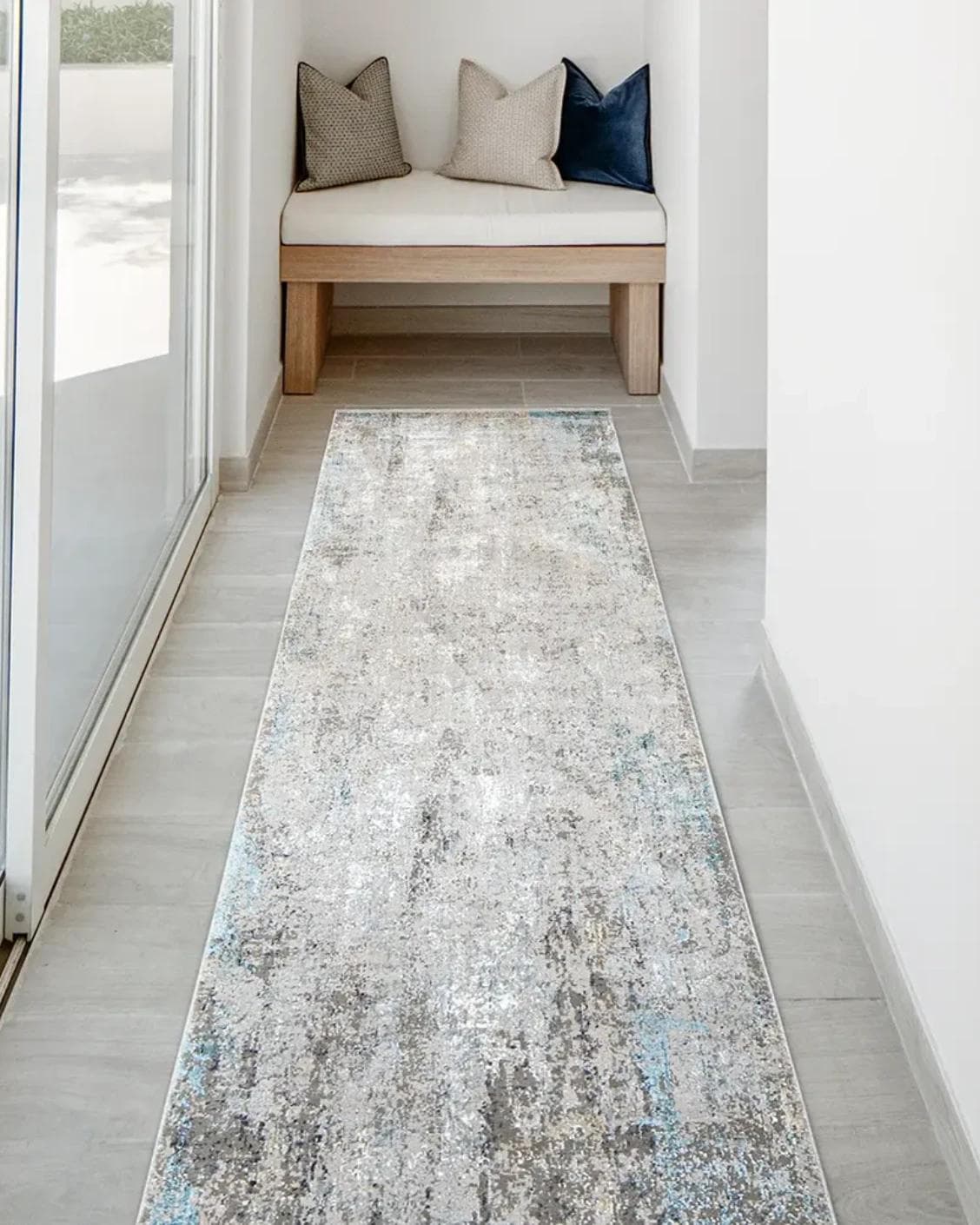 Jacob Azure Runners carpet in grey and blue, shown in a lifestyle front view