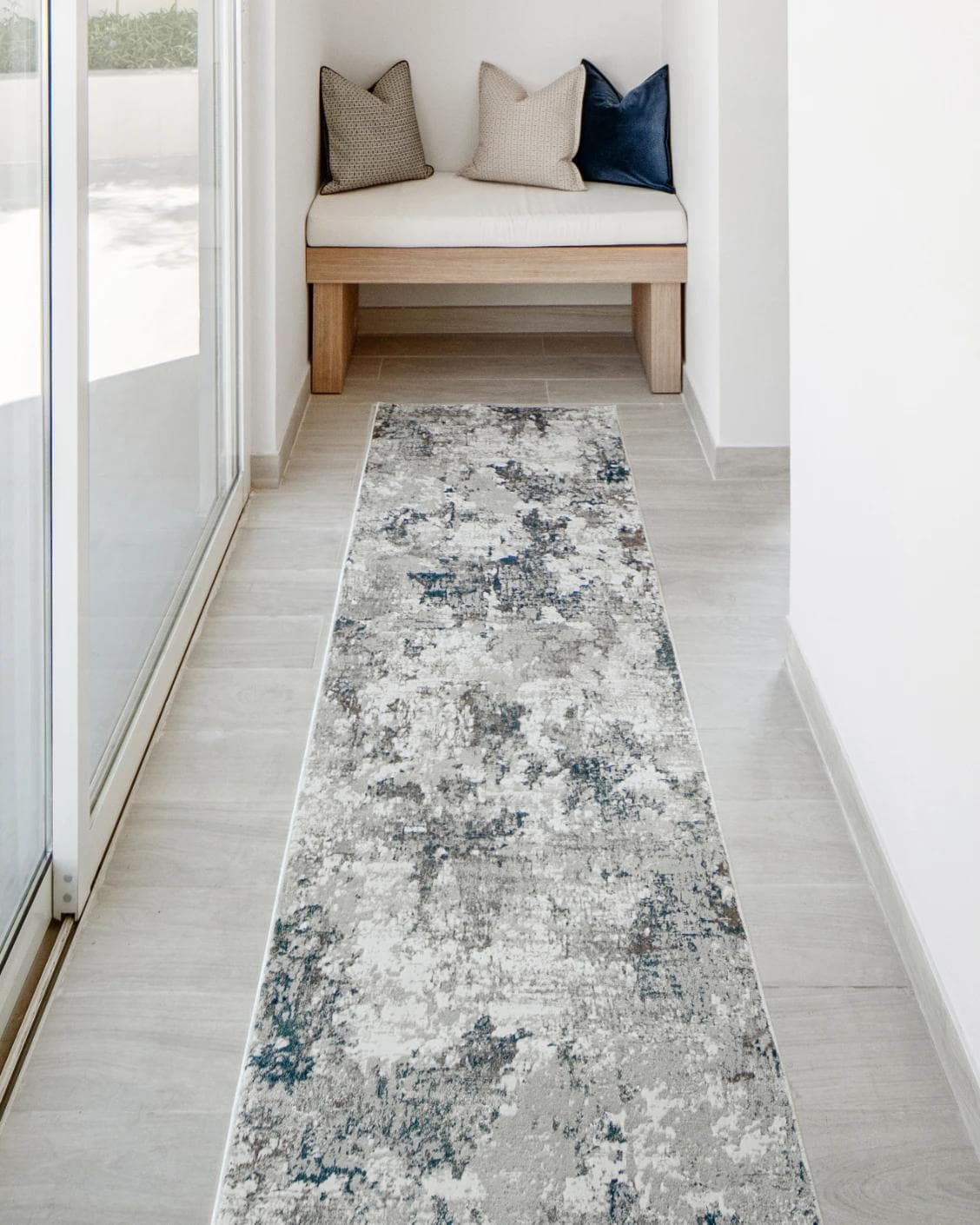 Jacob Sky Runners carpet in blue and grey, shown in a lifestyle front view