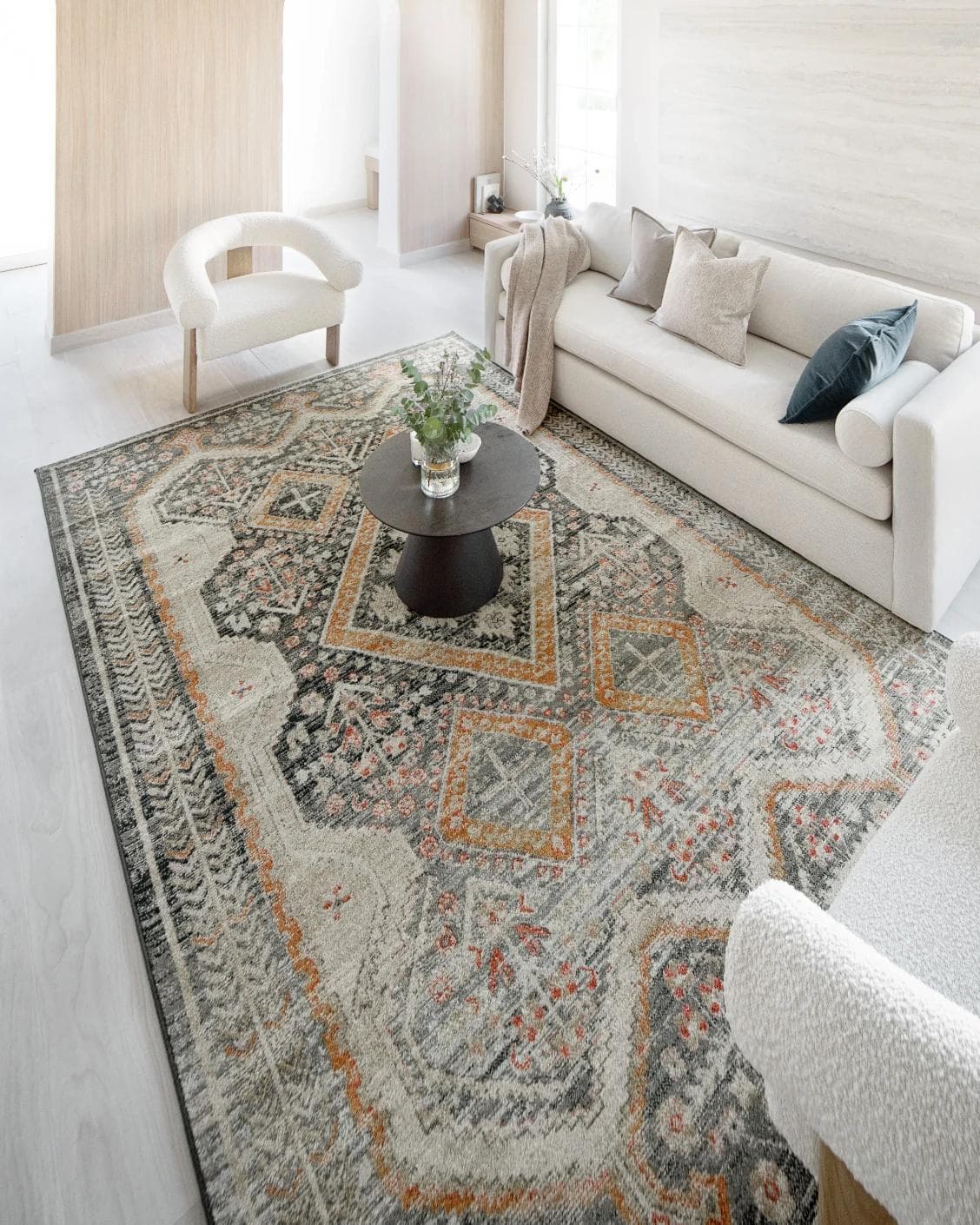 Julian Navy Runners carpet in beige, blue and multicolour, shown in a lifestyle right view as image 7