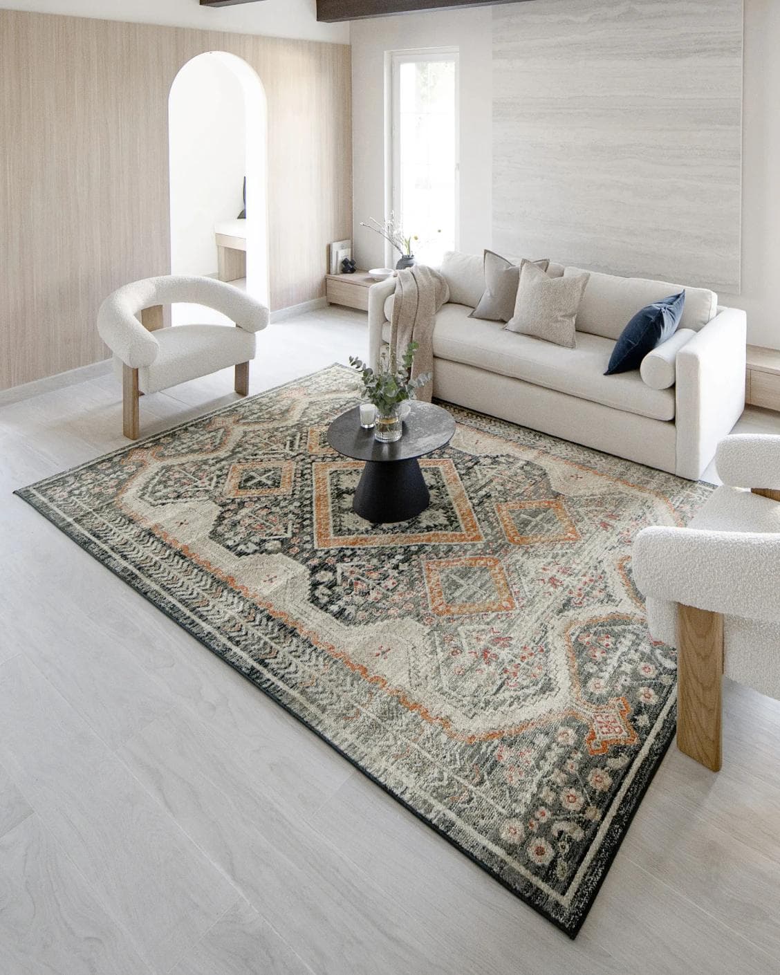 Julian Navy Runners carpet in beige, blue and multicolour, shown in a lifestyle right view as image 6