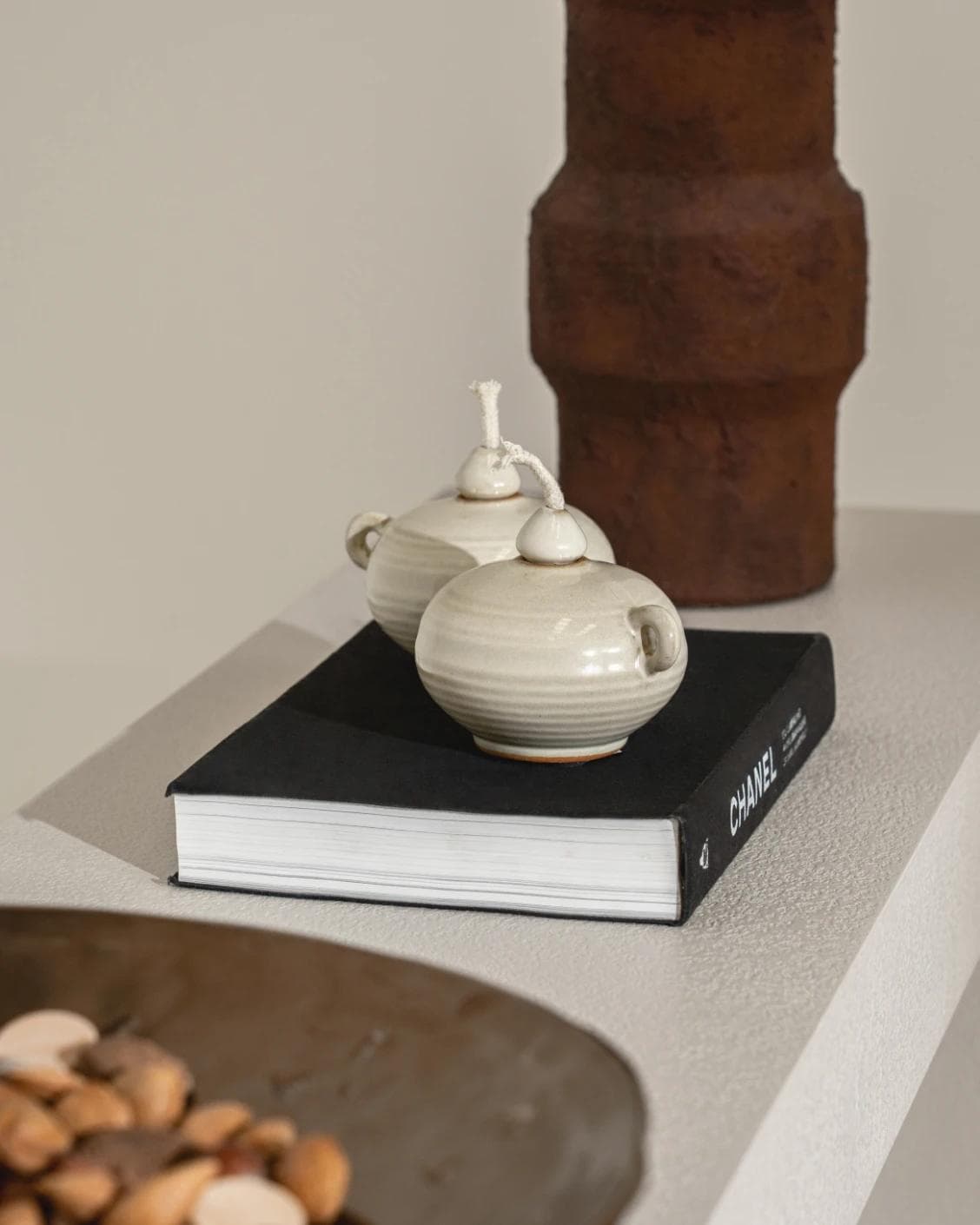 Layal Terra Bundle candle holders in soft ivory and ivory, shown in a lifestyle left view as image 5