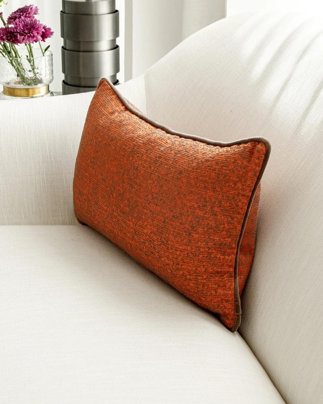Linda Tangelo cushion in orange, shown in a lifestyle right view as image 4