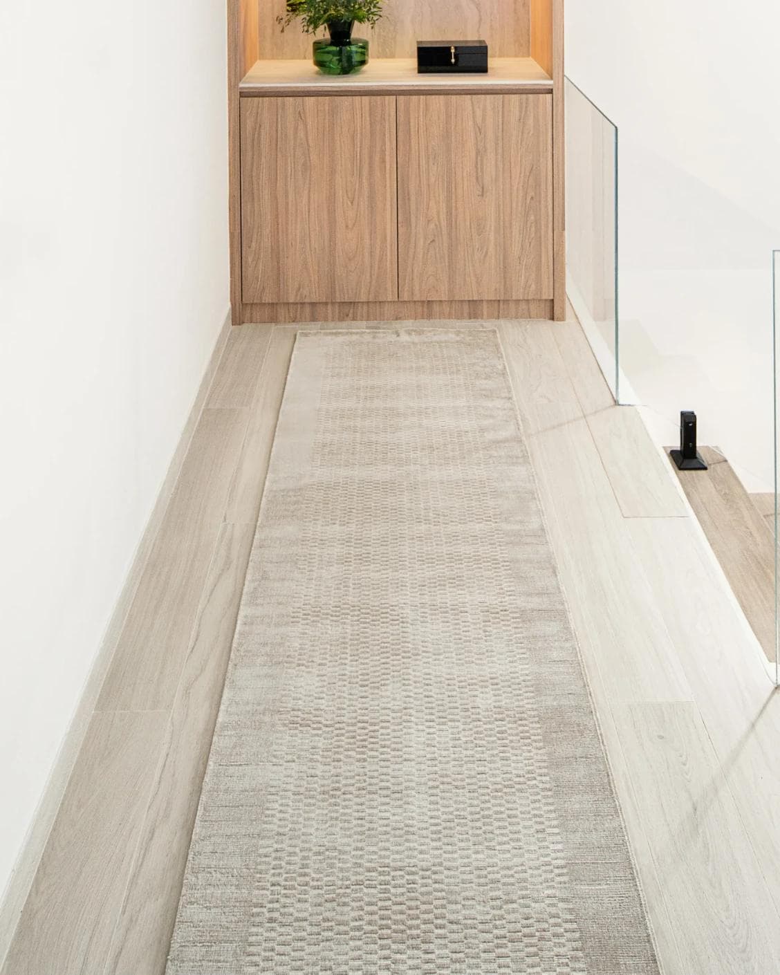 Luna Sandy Runners carpet in beige, shown in a lifestyle front view