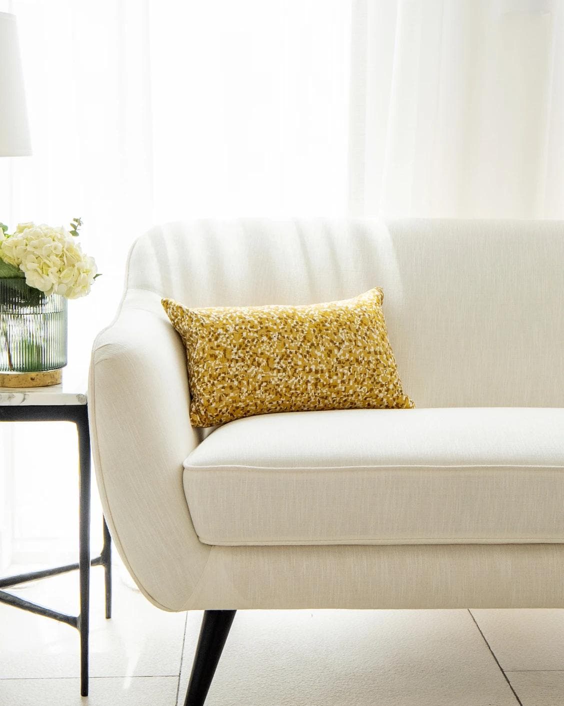 Marigold Klimt cushion in gold and yellow, shown in a lifestyle front view as image 4