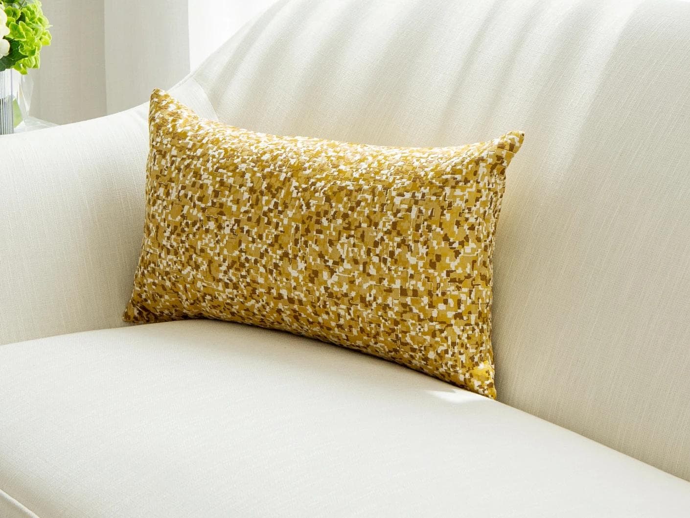 Marigold Klimt cushion in gold and yellow, shown in a product front view as image 2