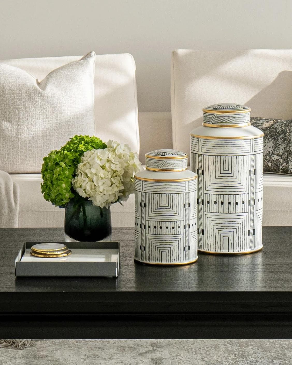 Maze Bundle canisters in black and white, shown in a lifestyle front view as image 4