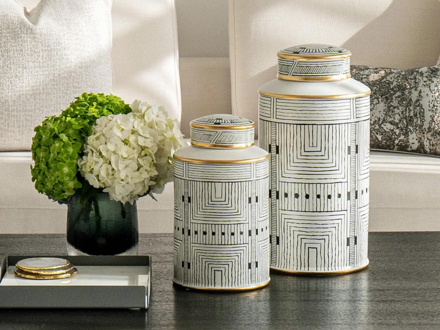 Maze Bundle canisters in black and white, shown in a lifestyle front view as image 4
