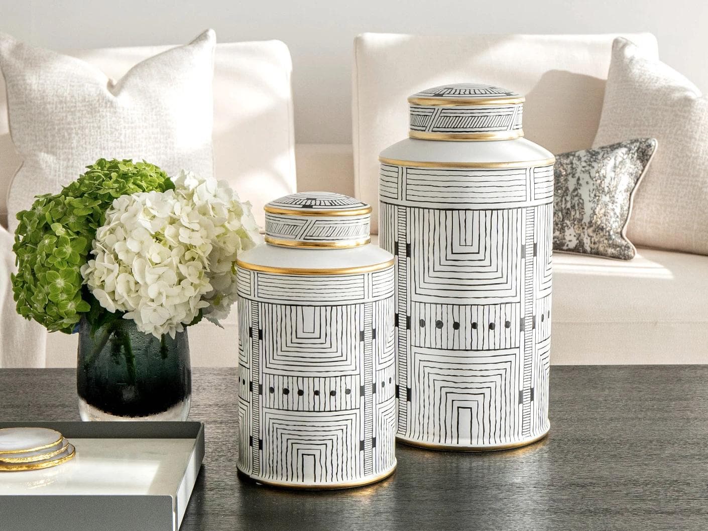 Maze Bundle canisters in black and white, shown in a lifestyle front view as image 5