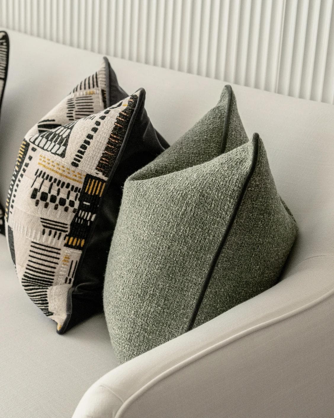 Melaina Bundle cushion in green, black and beige, shown in a product right view as image 7