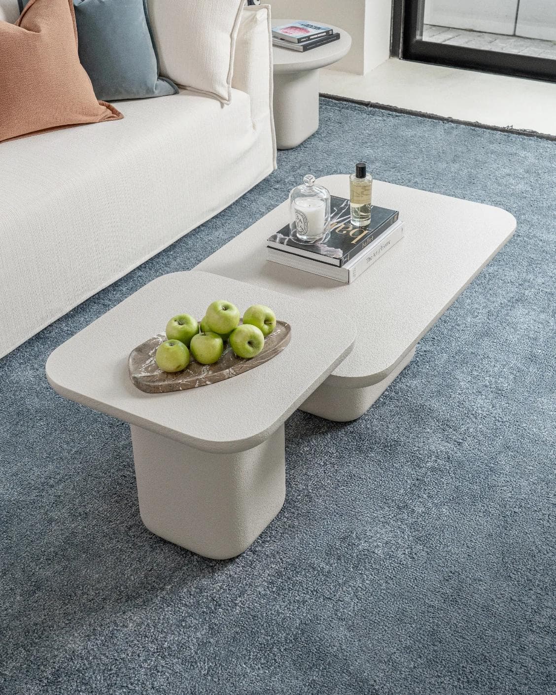 Modena Set Of 3 coffee table in soft ivory and stone, shown in a lifestyle top view as image 6