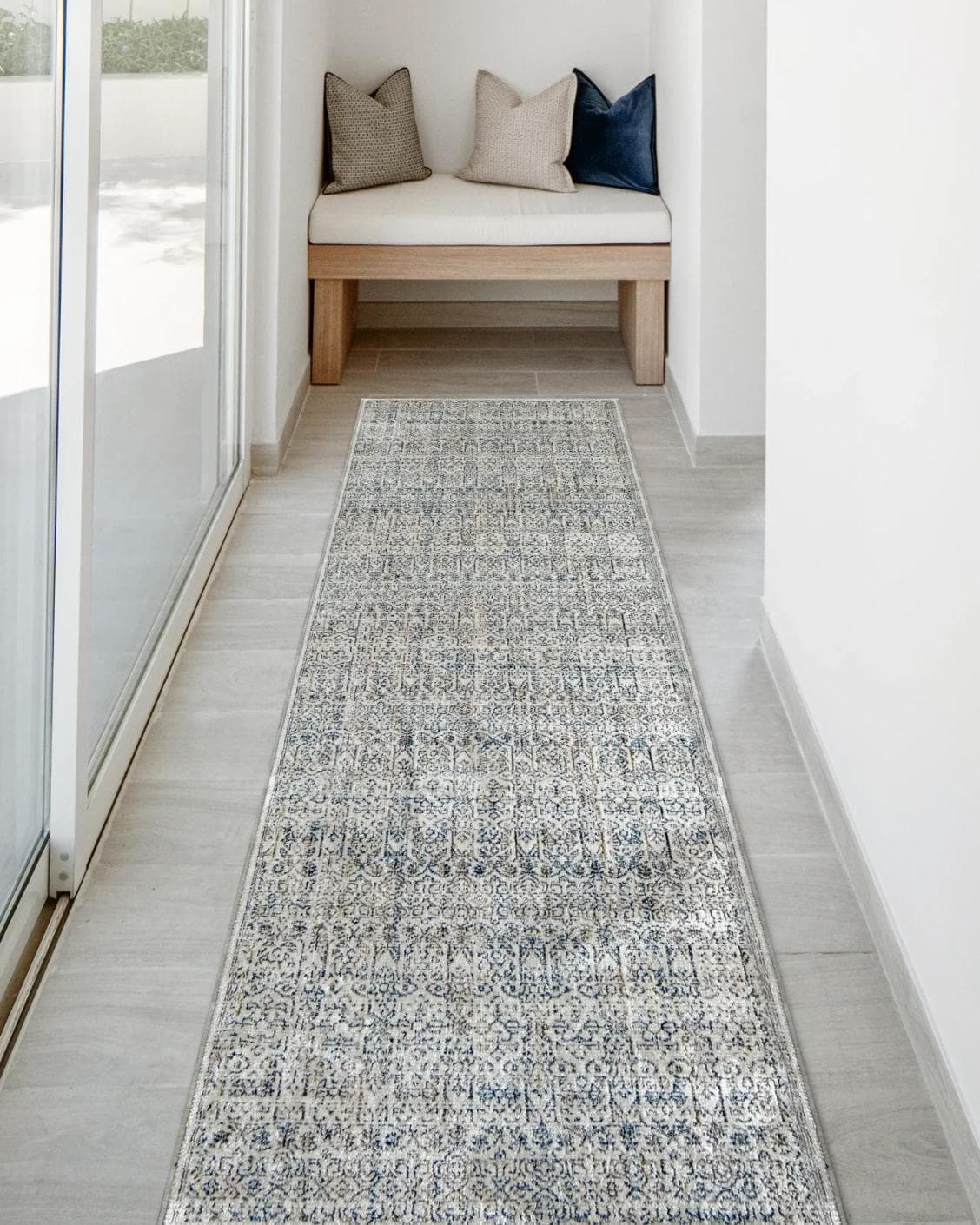 Natalia Azure Runners carpet in blue and grey, shown in a lifestyle front view