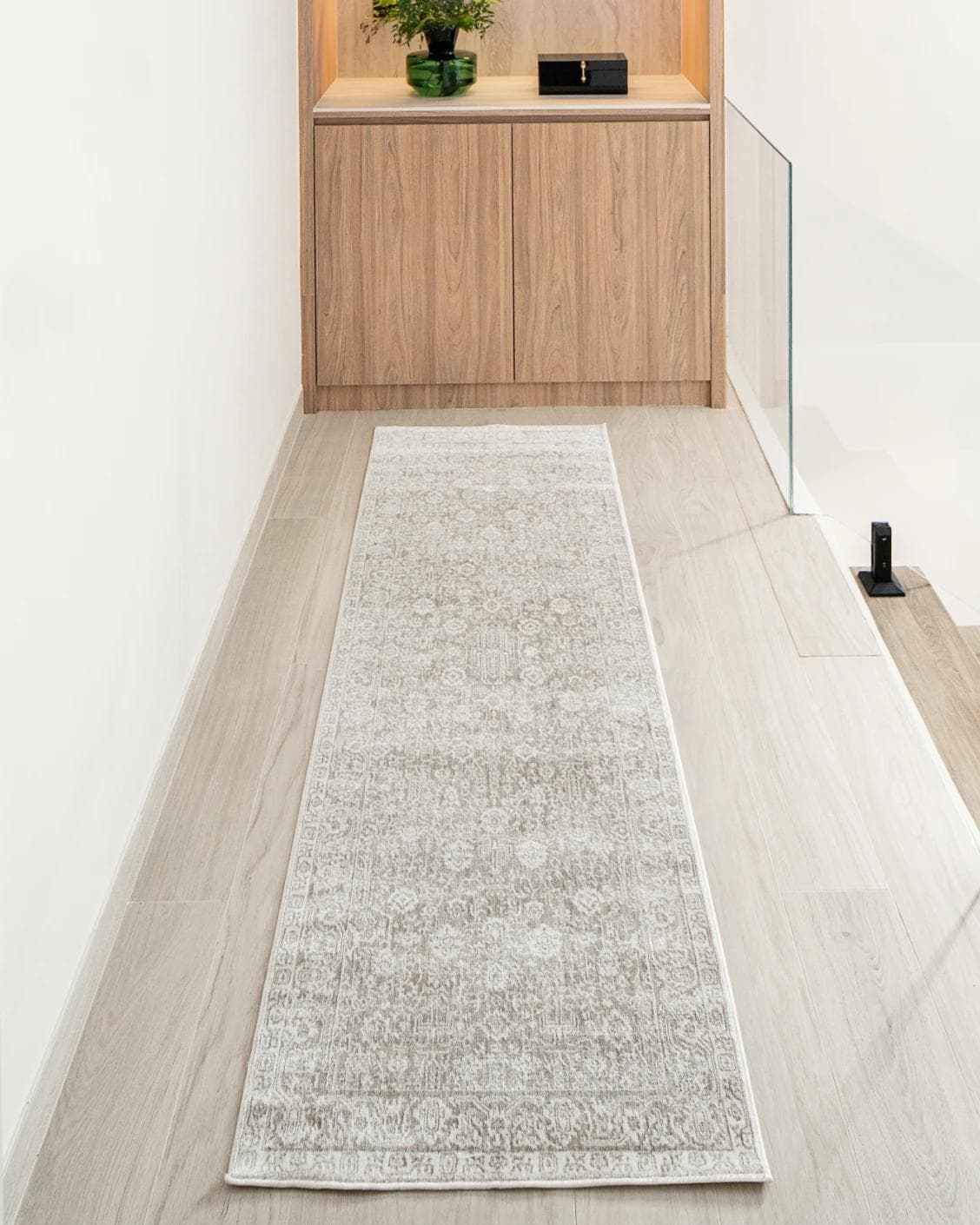 Natalia Sandy Runners carpet in beige and grey, shown in a lifestyle front view