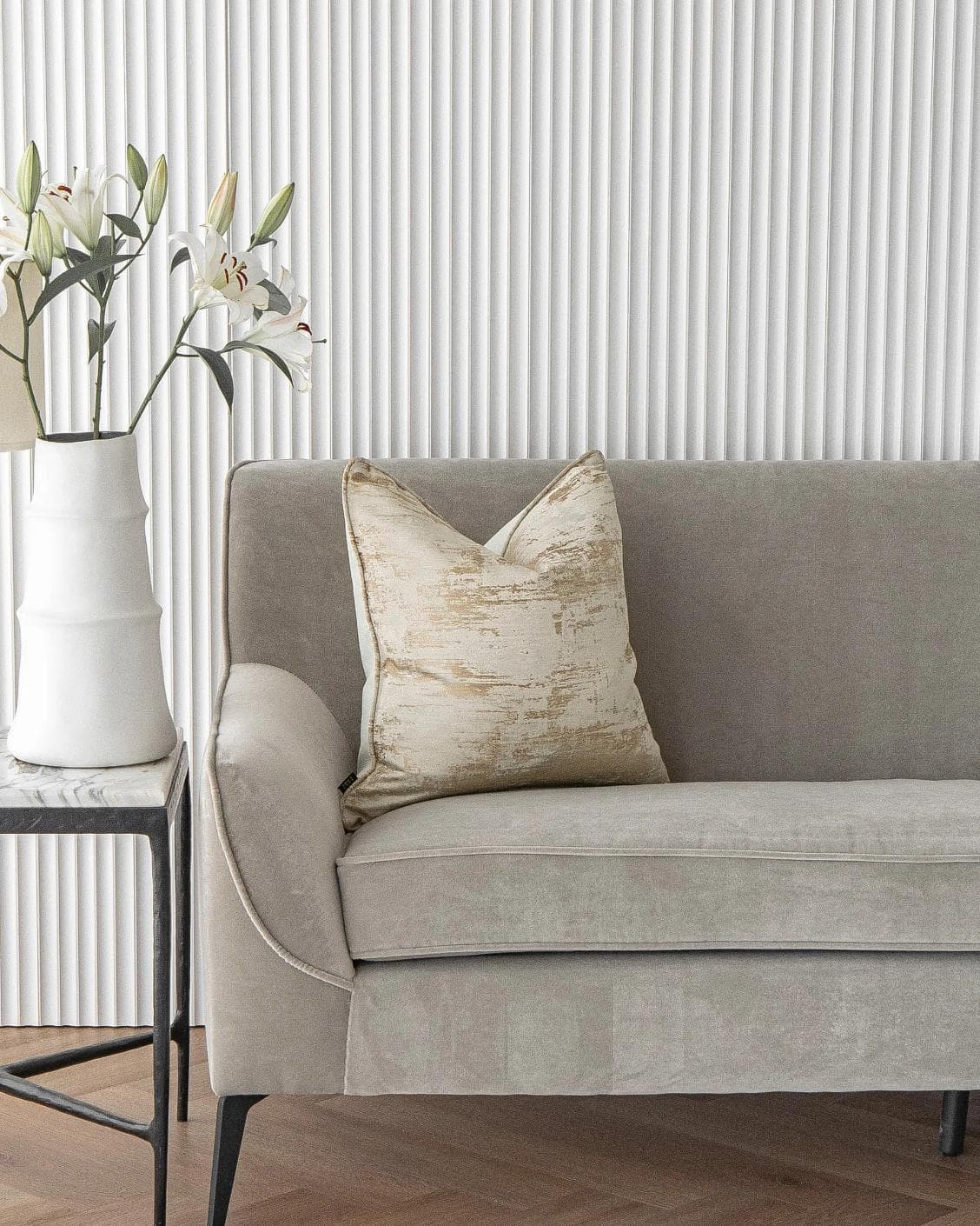 Neri Klimt cushion in gold and beige, shown in a lifestyle front view as image 4