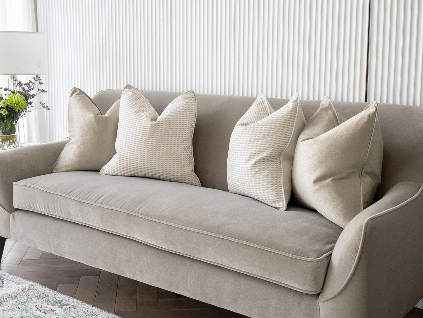 Adeline Bundle cushion in gold, beige and white, shown in a lifestyle right view as image 4