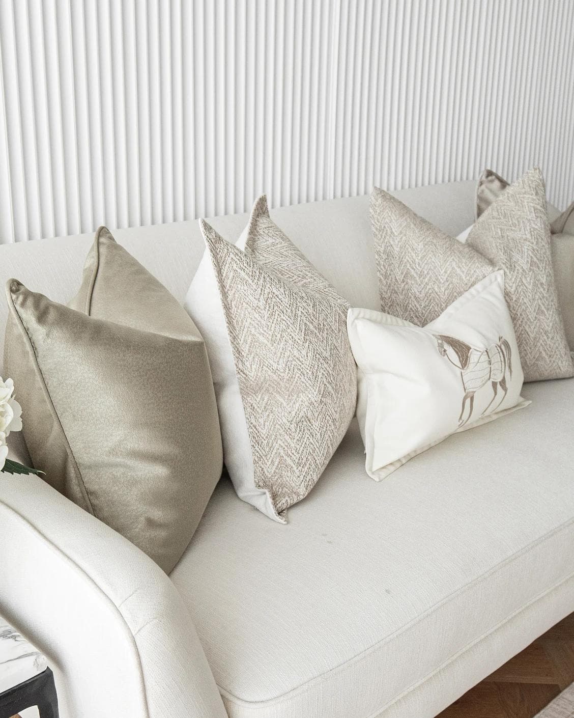 Sugar Bundle cushion in gold, beige and white, shown in a product left view as image 6