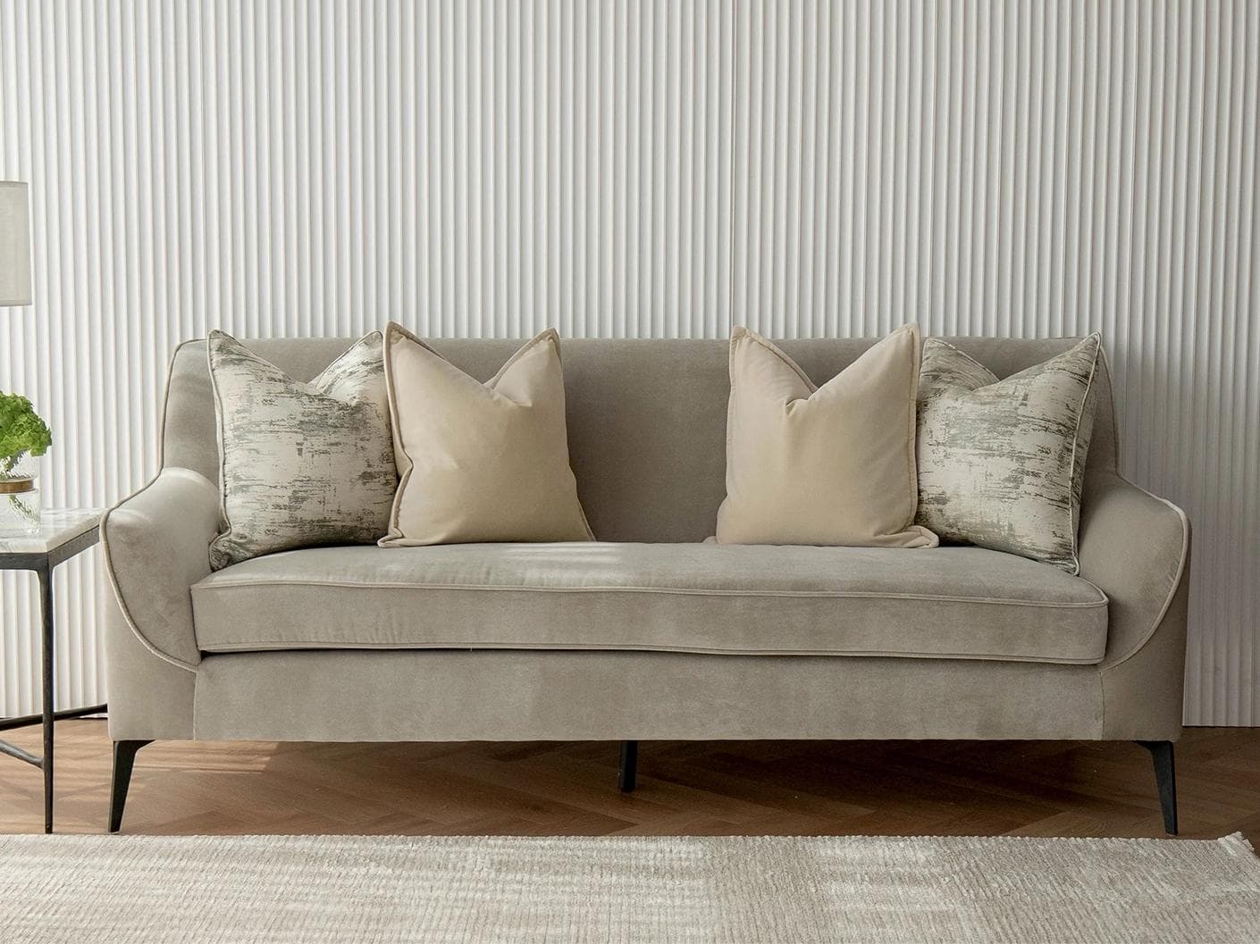 Jennica Bundle cushion in beige, grey and white, shown in a lifestyle front view as image 4