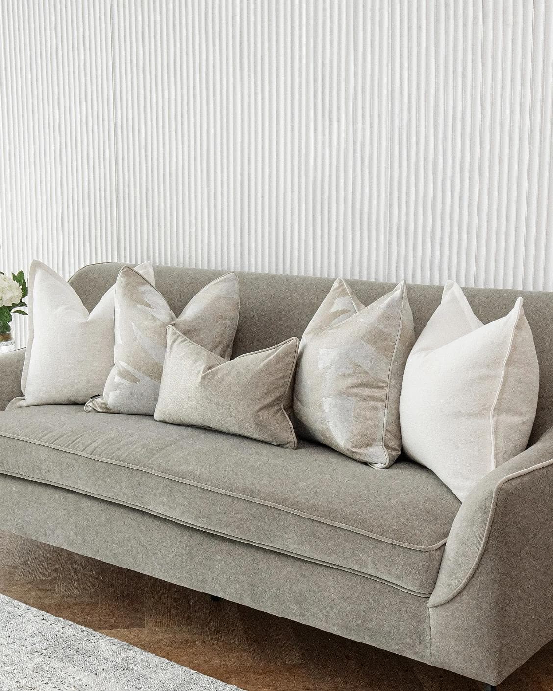 Harry Bundle cushion in gold, beige, silver and white, shown in a lifestyle right view as image 5