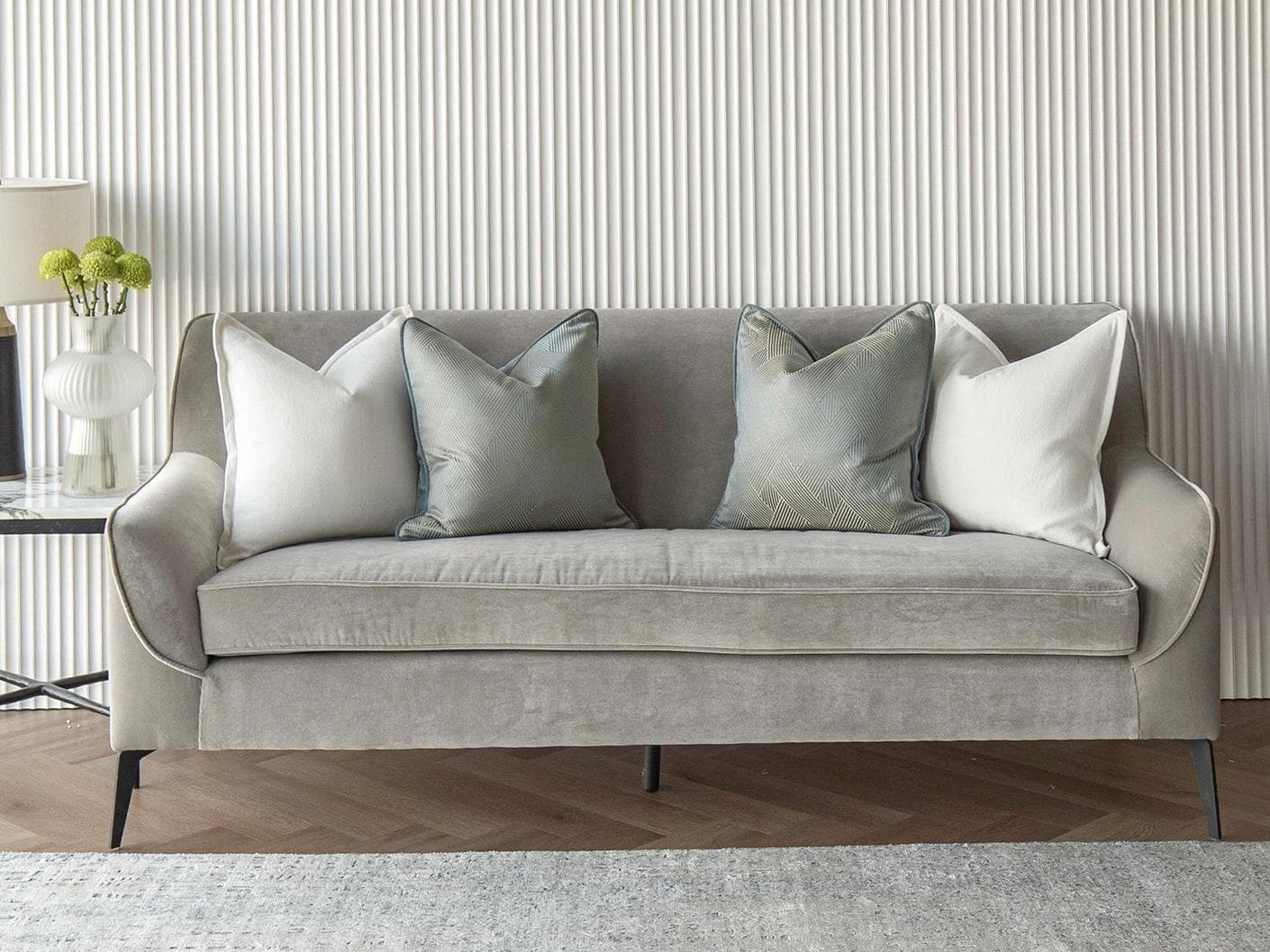 Tyler Bundle cushion in white and blue, shown in a lifestyle front view as image 4