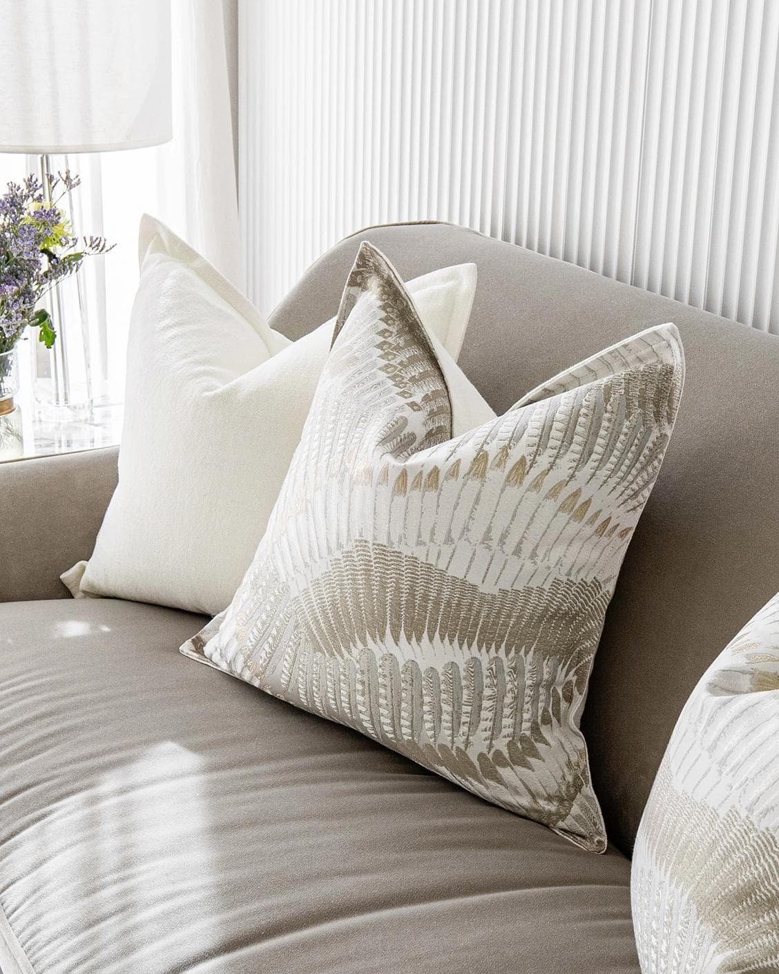 Stella Bundle cushion in white, brown and grey, shown in a product right view as image 5