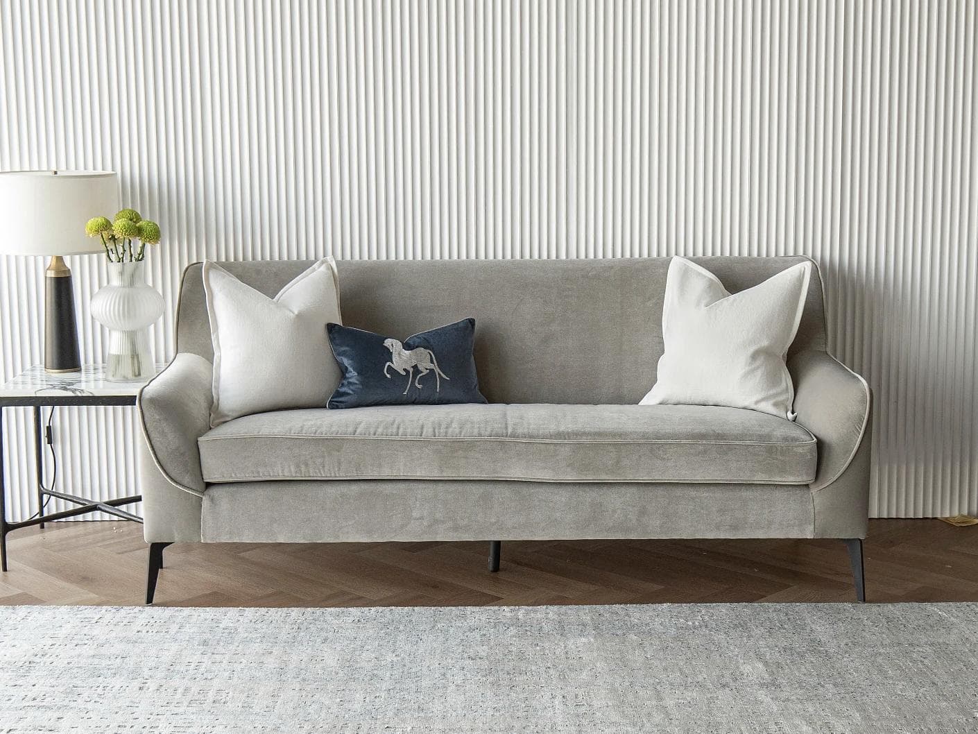 Brent Bundle cushion in white, blue and silver, shown in a lifestyle front view as image 4