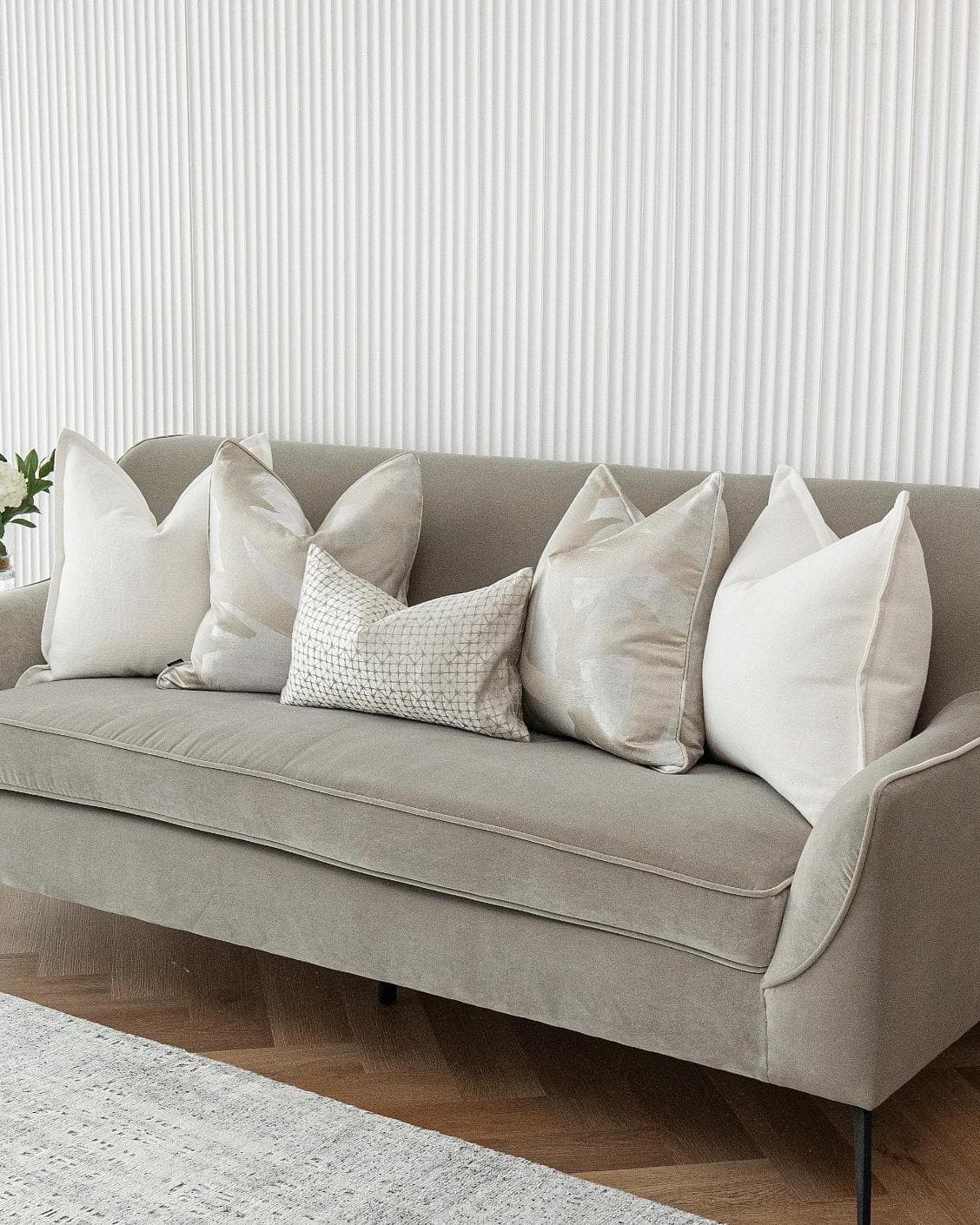 Jose Bundle cushion in white, silver and beige, shown in a lifestyle right view as image 4