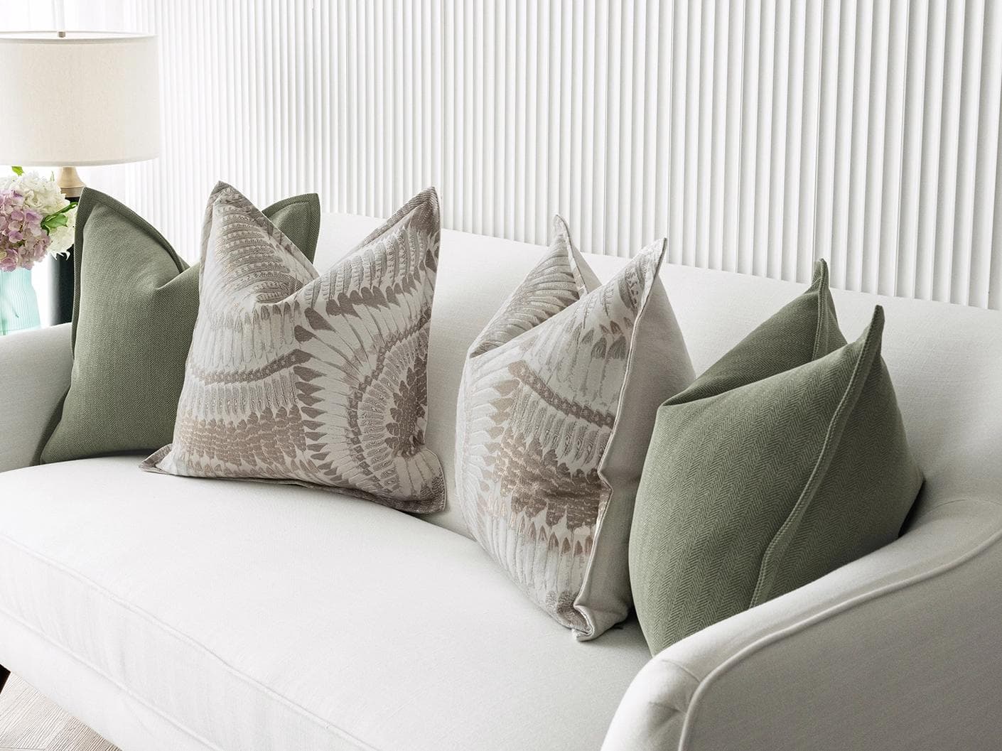 Quentin Bundle cushion in green, brown and grey, shown in a lifestyle right view as image 5