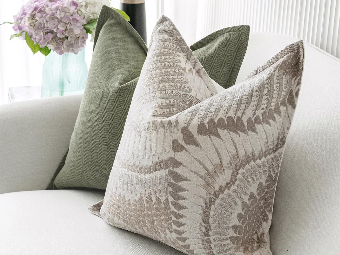 Quentin Bundle cushion in green, brown and grey, shown in a lifestyle right view as image 6