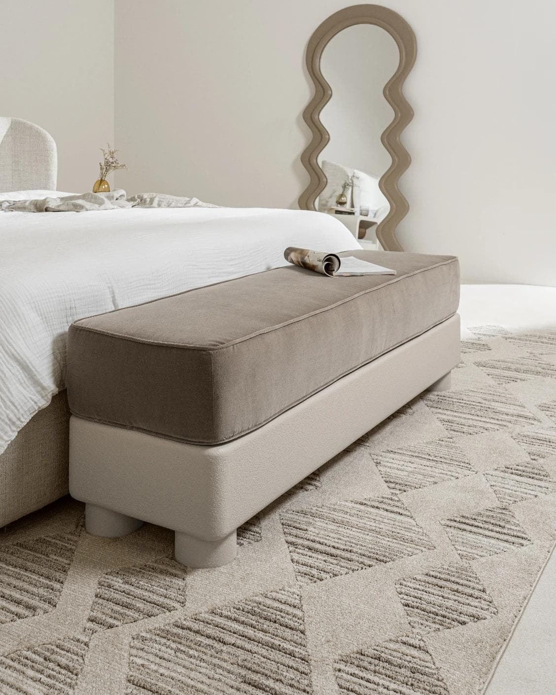 Rina bench in warm taupe, ivory and taupe, shown in a lifestyle left view as image 6