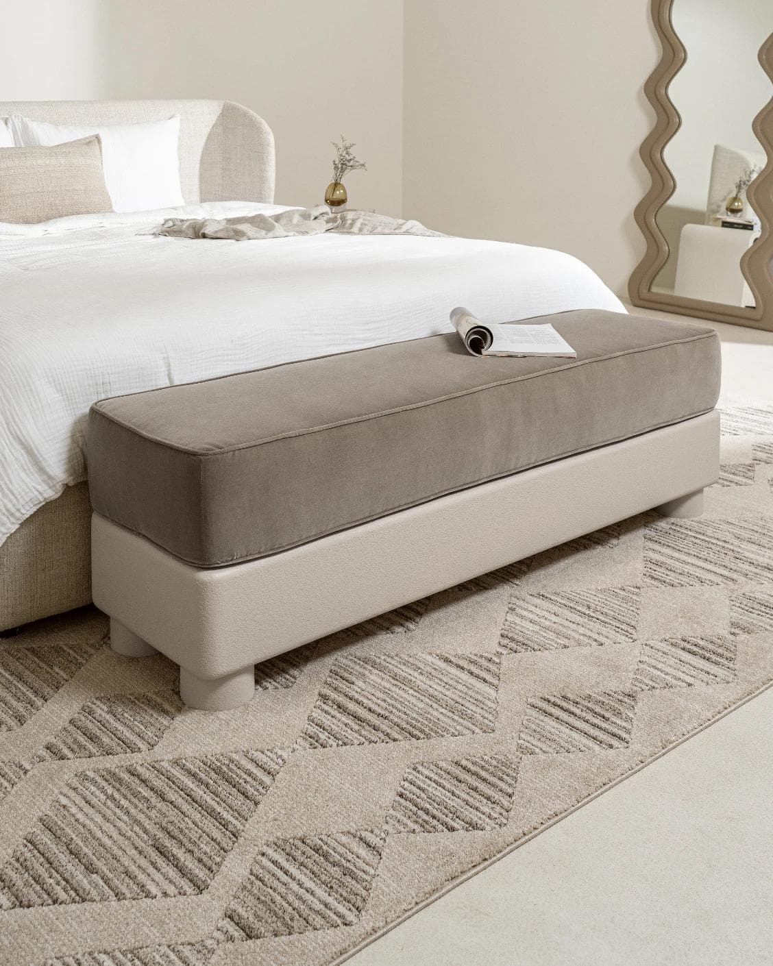 Rina bench in warm taupe, ivory and taupe, shown in a lifestyle left view as image 2