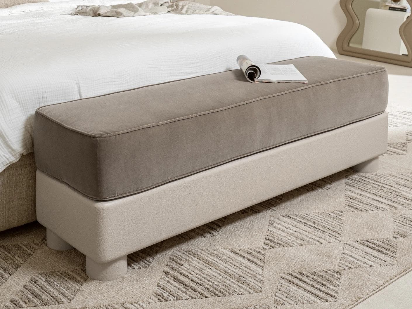 Rina bench in warm taupe, ivory and taupe, shown in a lifestyle left view as image 2