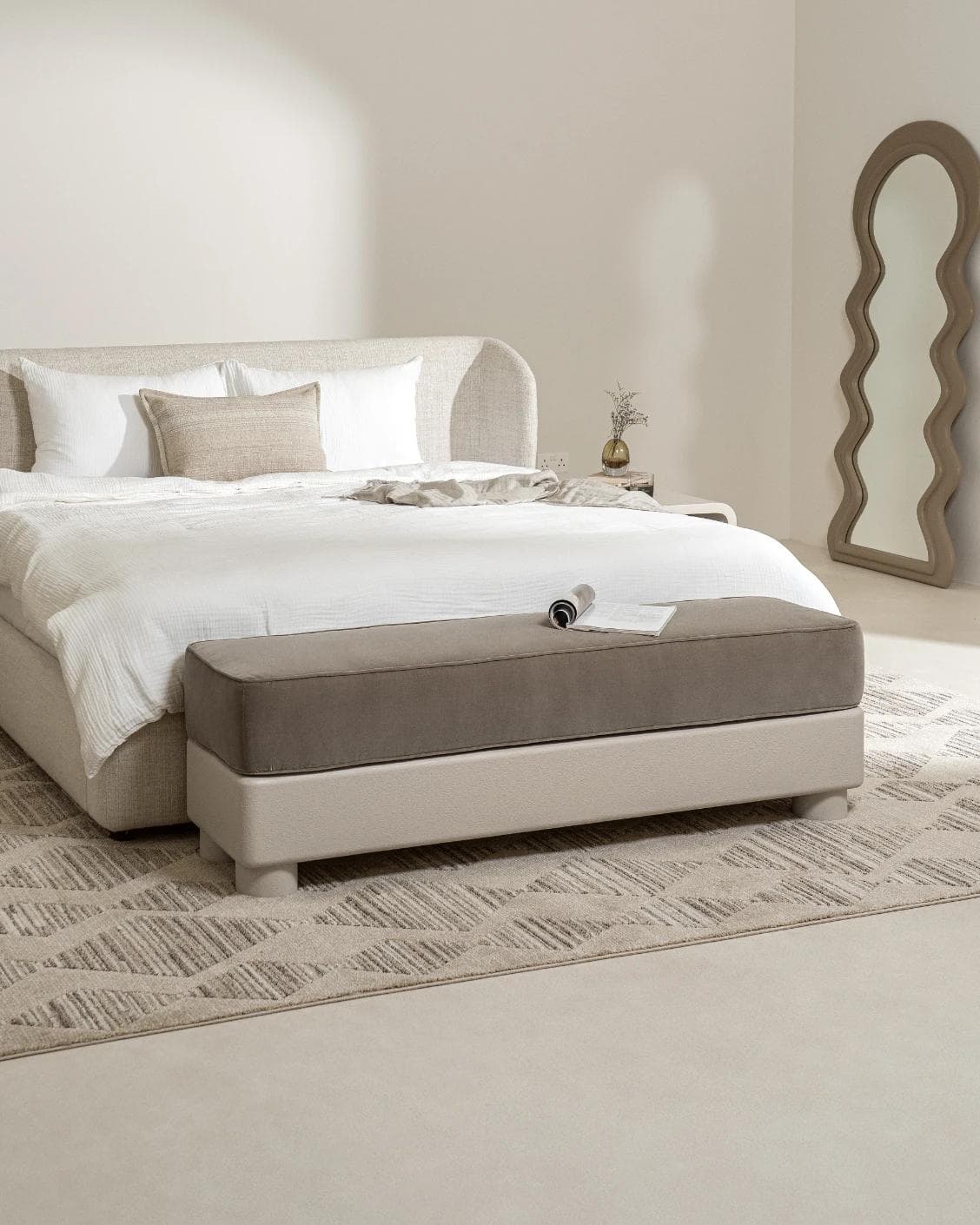 Rina bench in warm taupe, ivory and taupe, shown in a lifestyle left view as image 7