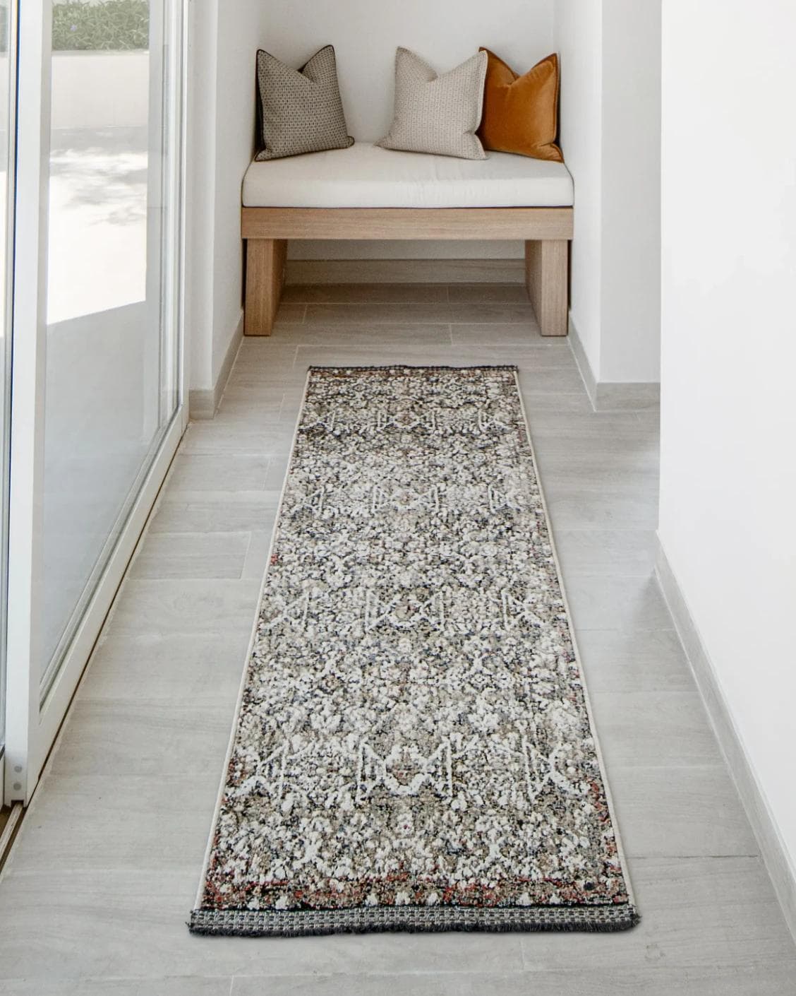 Sheldon Ebony Runners carpet in black and beige, shown in a lifestyle front view