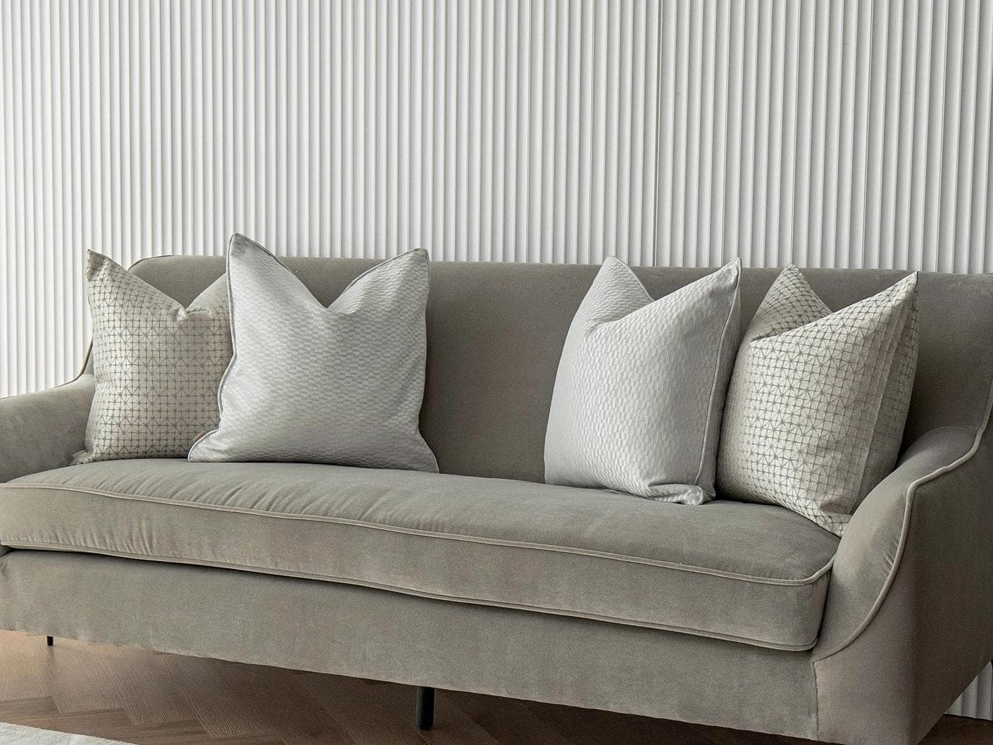 Isabelle Bundle cushion in silver and white, shown in a lifestyle right view as image 2