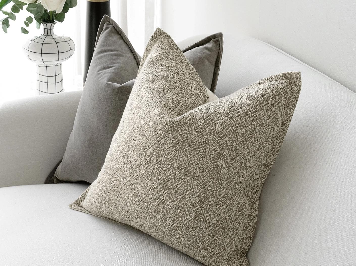 Sophie Bundle cushion in grey and beige, shown in a lifestyle right view as image 5