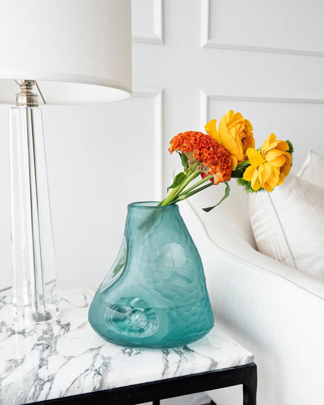 Tiffany Storms vases in turquoise, shown in a lifestyle left view as image 5