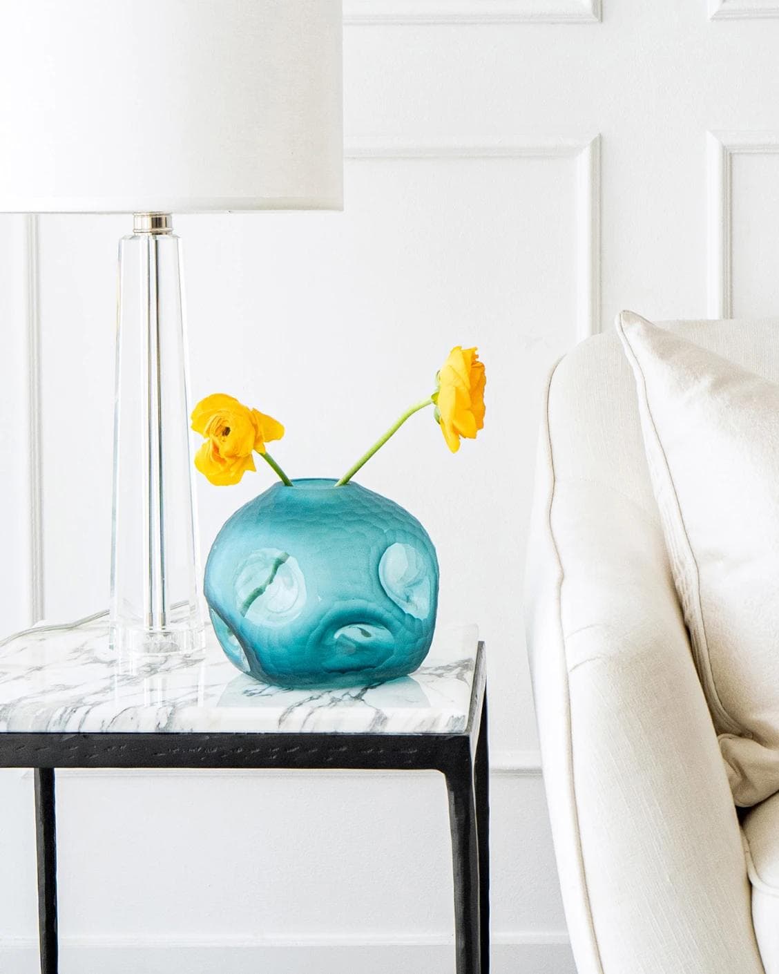 Tiffany Storms II vases in turquoise, shown in a lifestyle front view as image 4